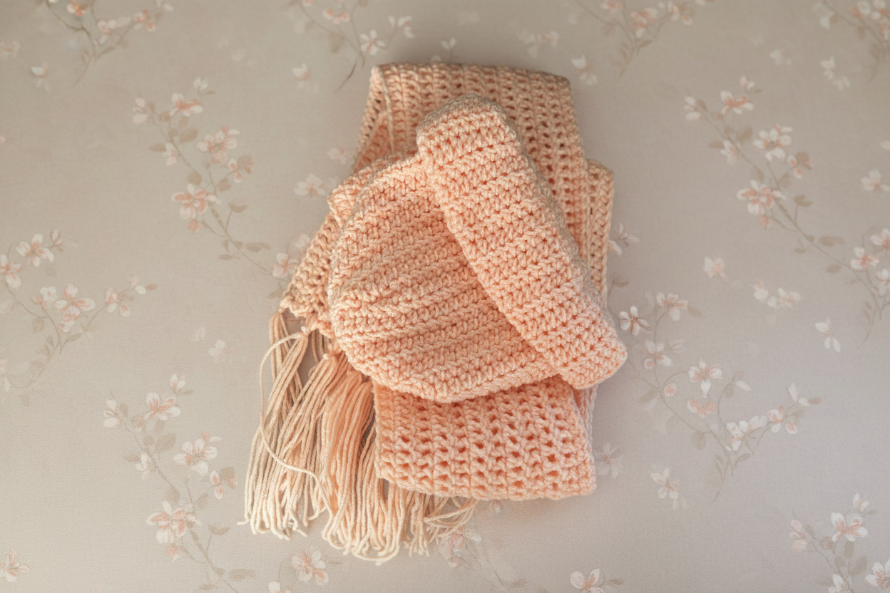 crocheted winter beige pink accessories