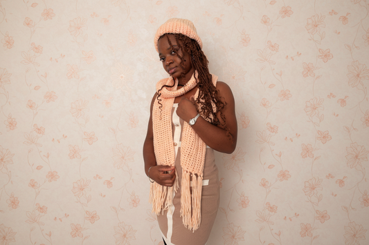 crocheted winter beige pink accessories