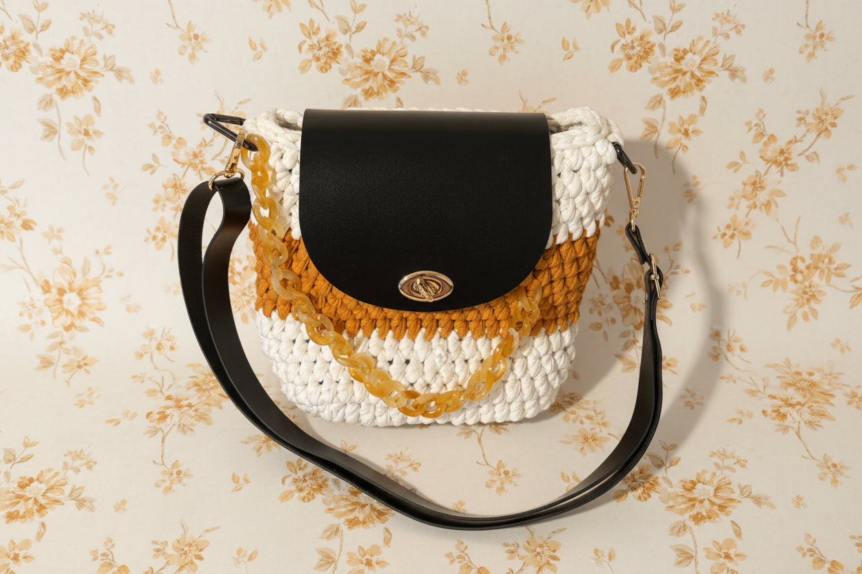 gold black and white crochet handbag