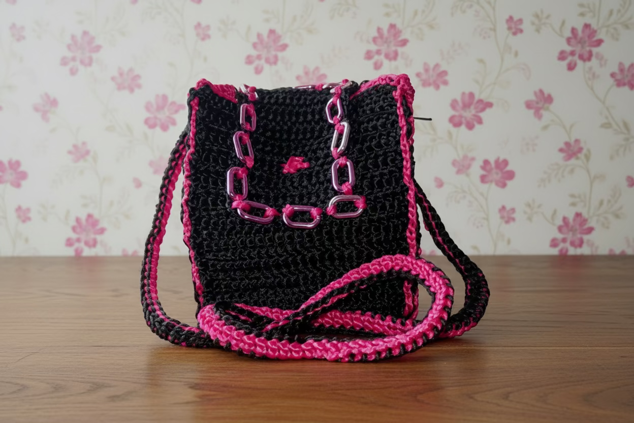 black and pink fuschia crochet handbag