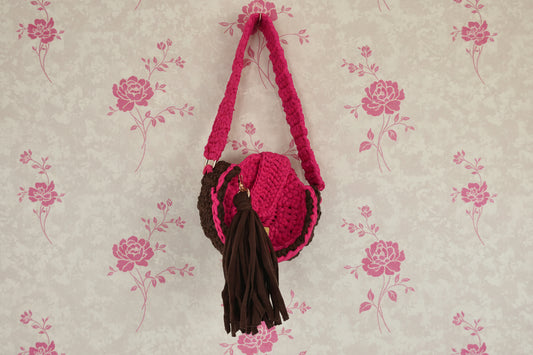 pink and brown handnade crochet handbag