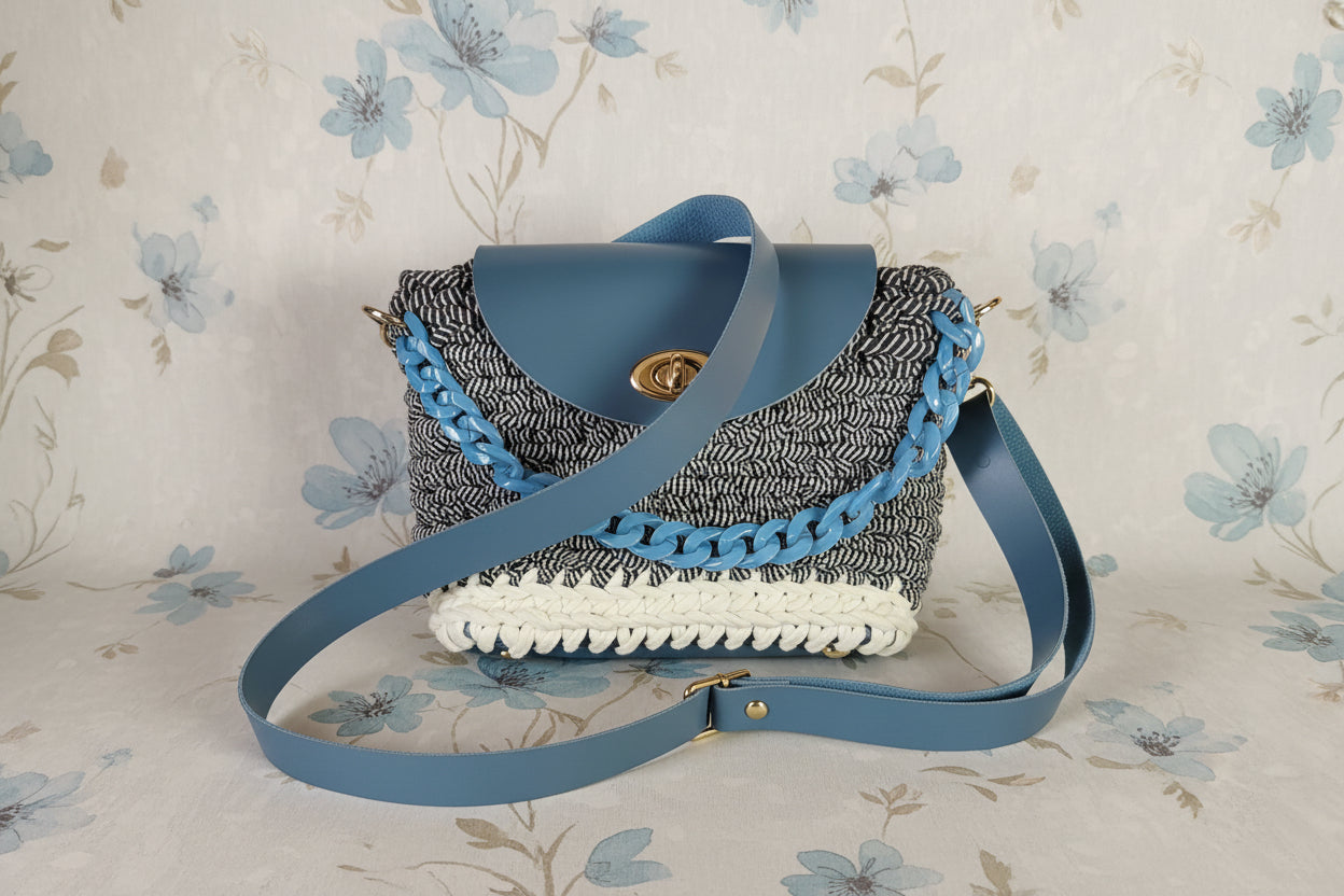 azure blue and white crochet handbag