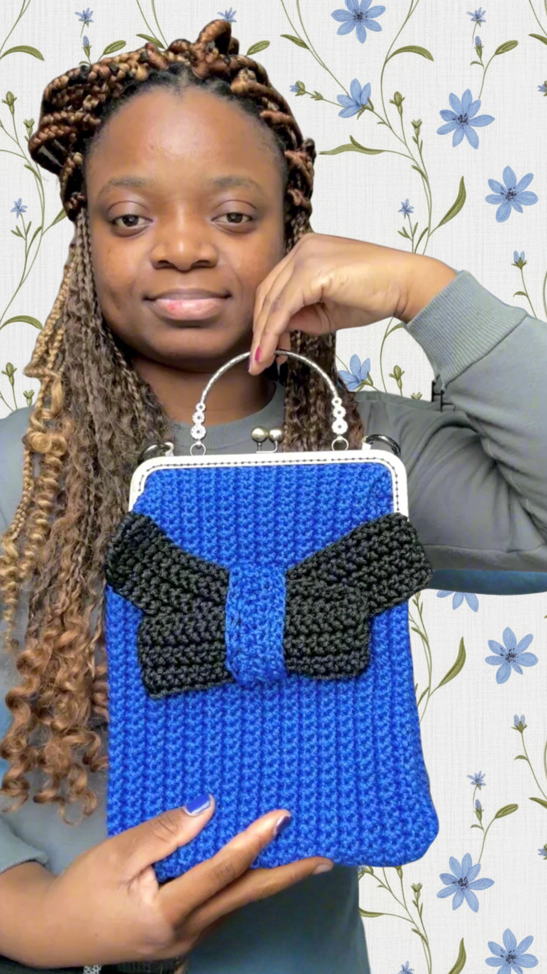 blue black blow tie crochet handbag