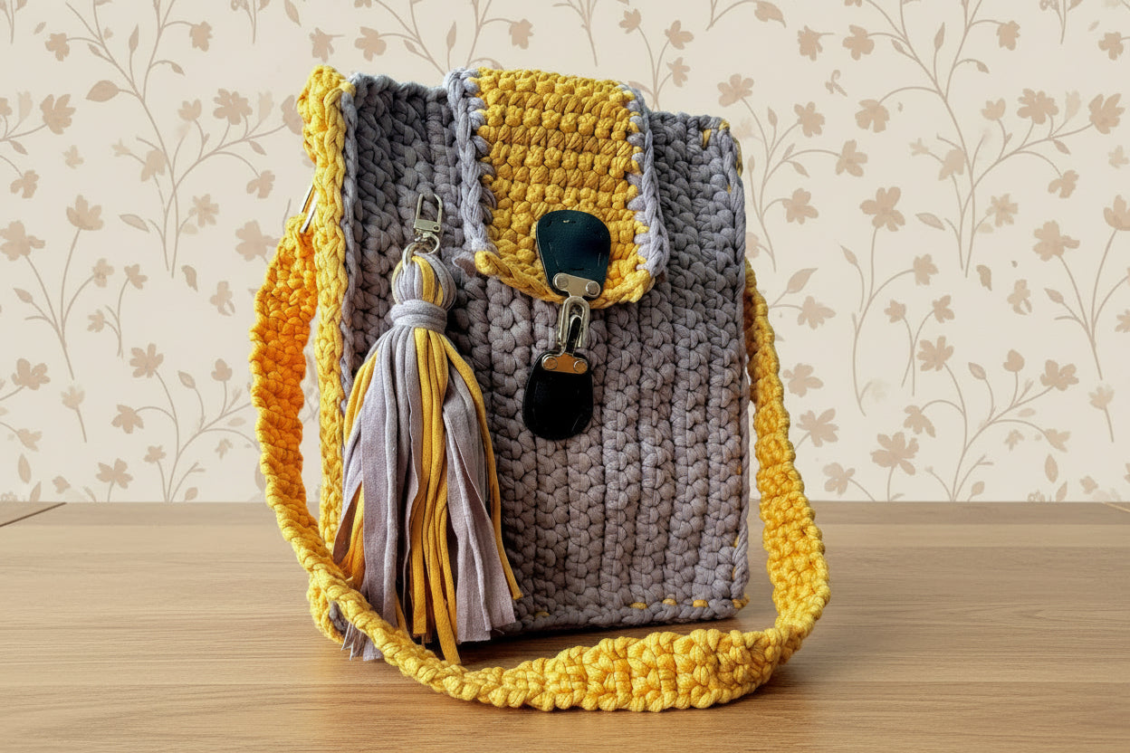 yellow grey crocheted handbag
