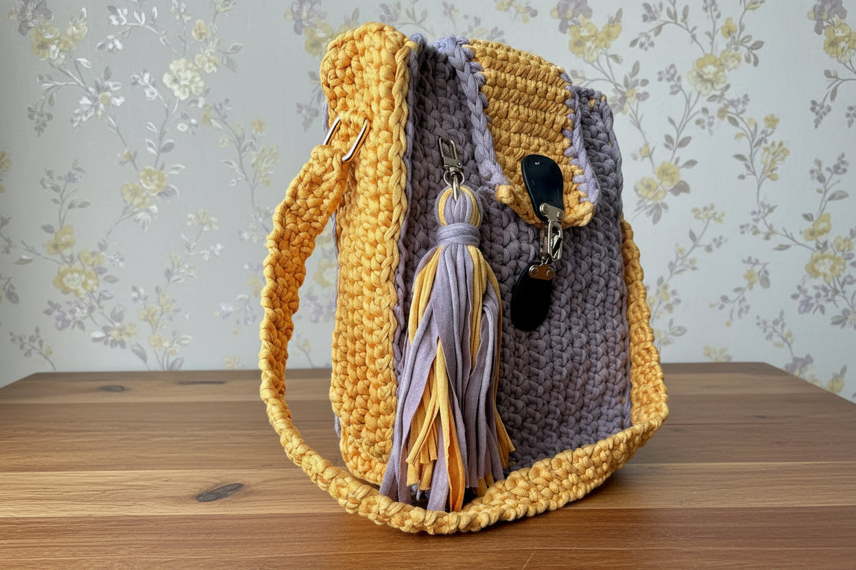 yellow grey crocheted handbag