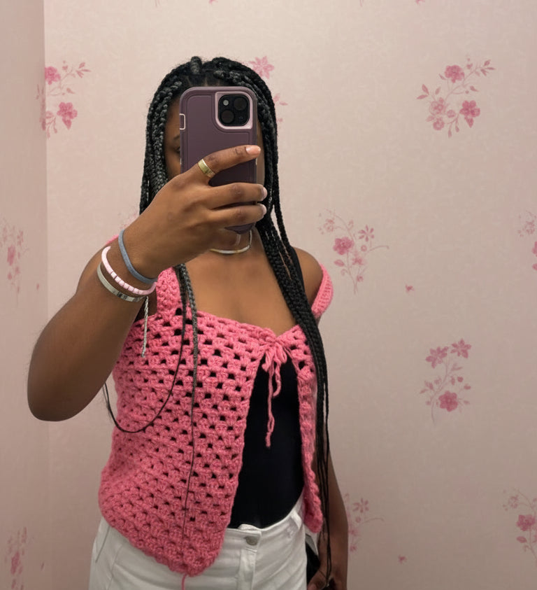 pink Tie-Front crochet Vest