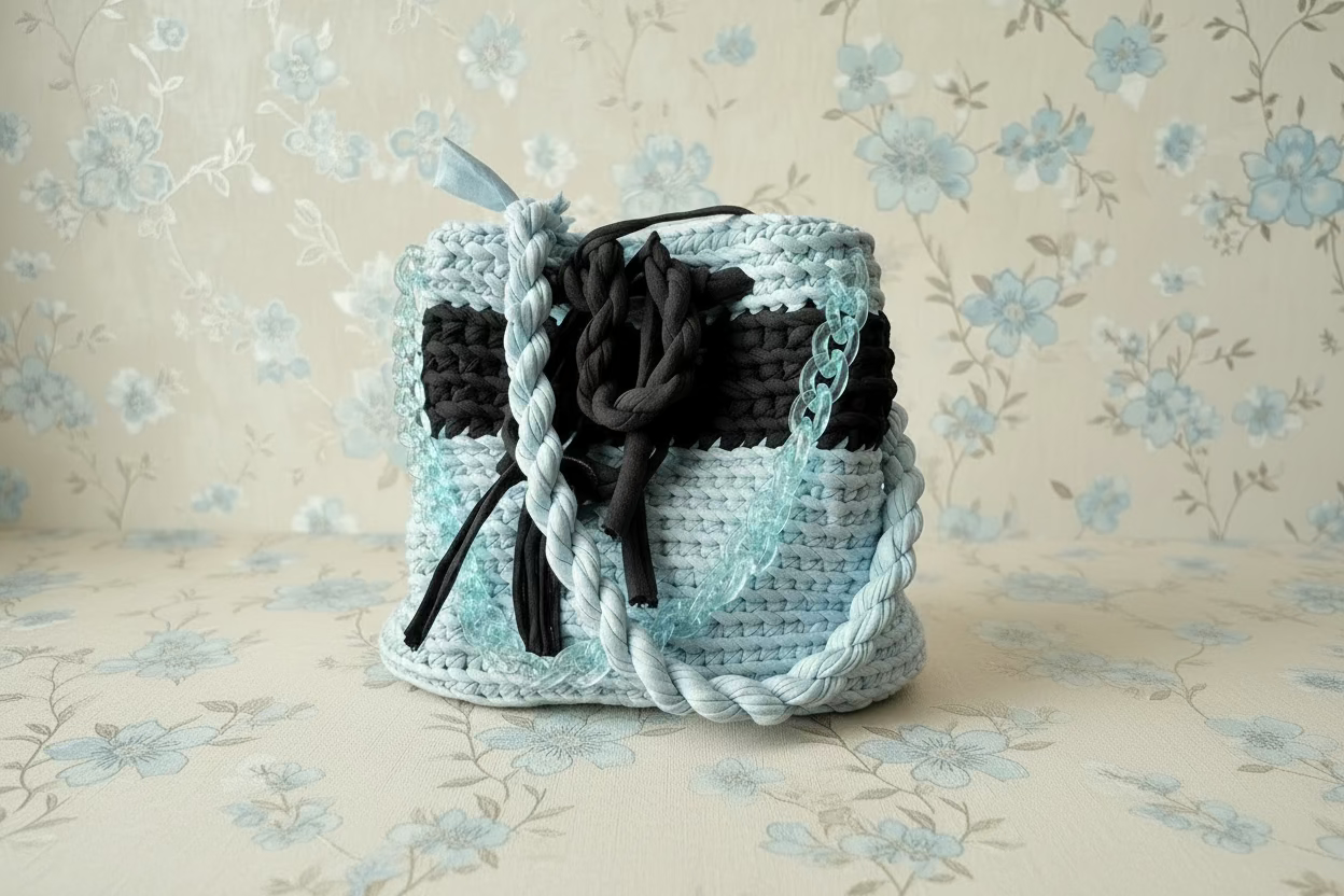 blue sky and black crochet handbag 