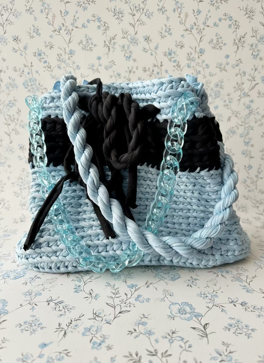 blue sky and black crochet handbag 