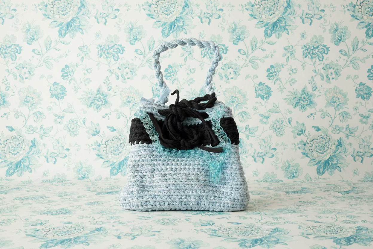blue sky and black crochet handbag 