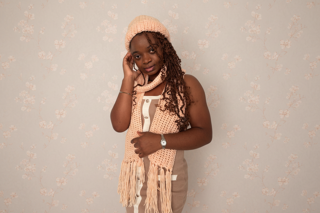 crocheted winter beige pink accessories