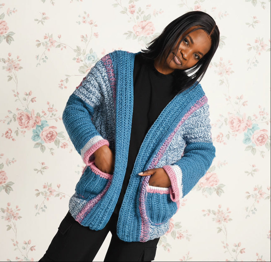 blue pink crochet cardigan