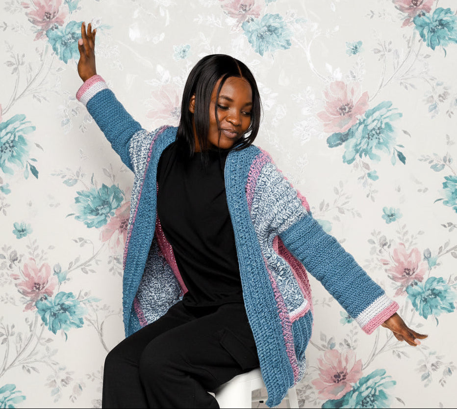 blue pink crochet cardigan