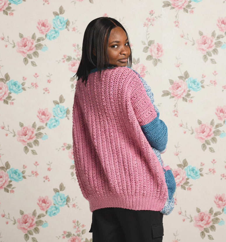 blue pink crochet cardigan