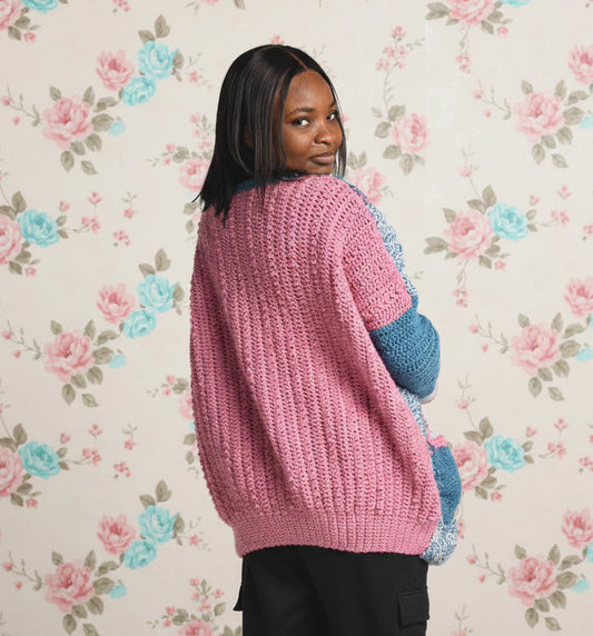 blue pink crochet cardigan