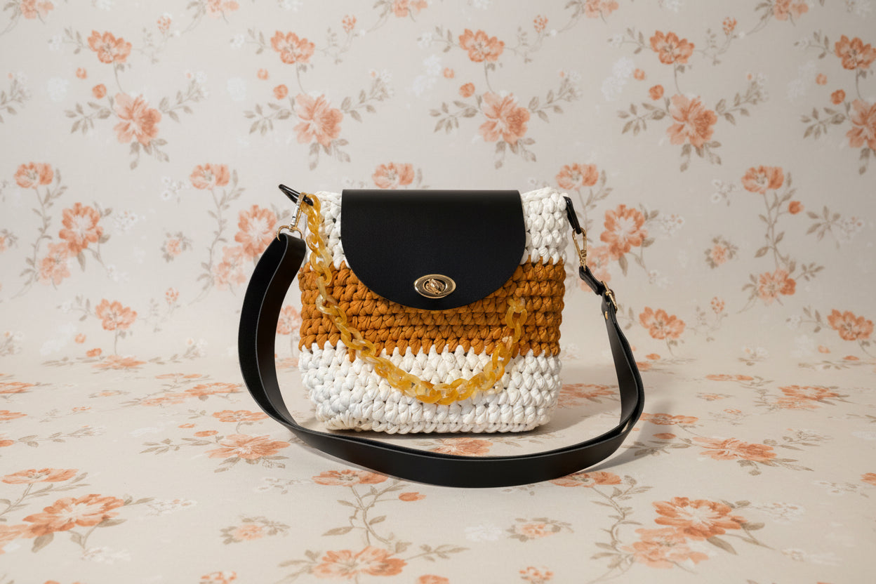 gold black and white crochet handbag