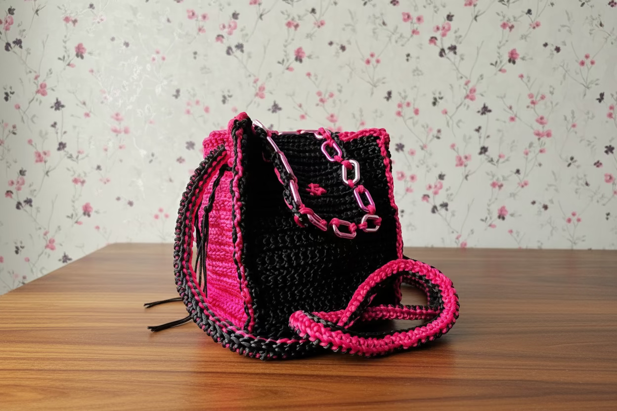 black and pink fuschia crochet handbag