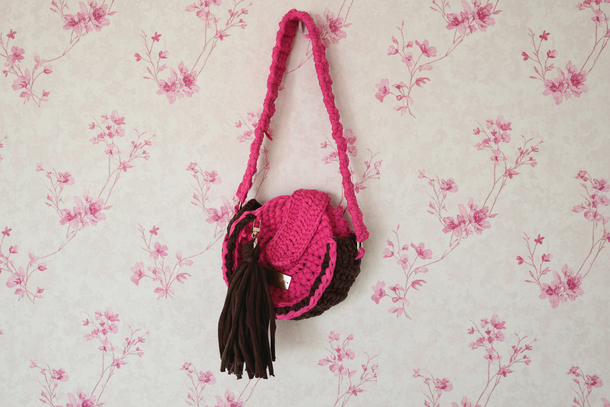 pink and brown handnade crochet handbag 