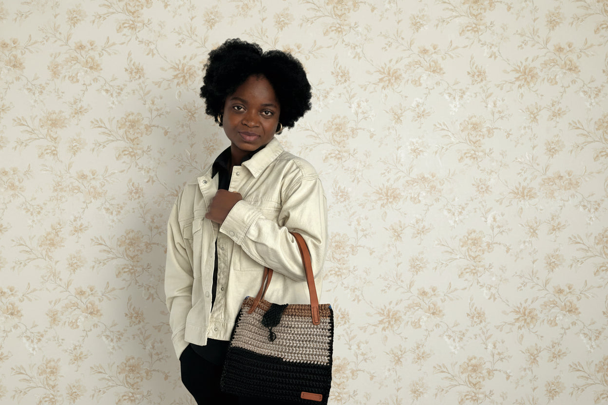 grey gold black crochet handbag