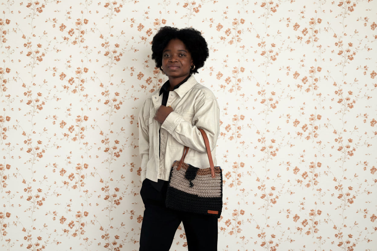 grey gold black crochet handbag