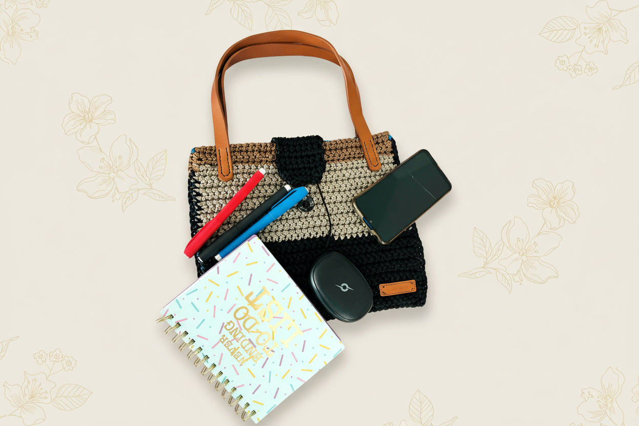 grey gold black blue crochet handbag