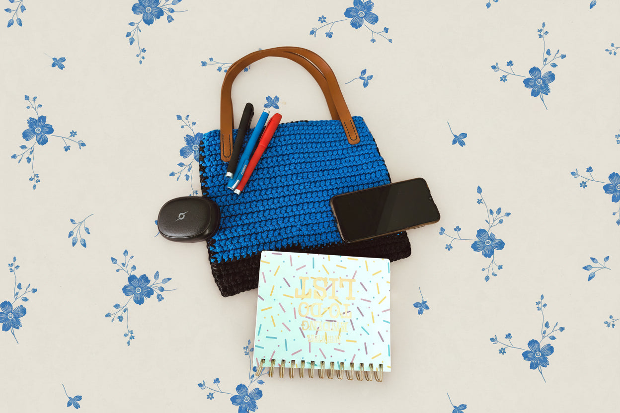 grey gold black blue crochet handbag