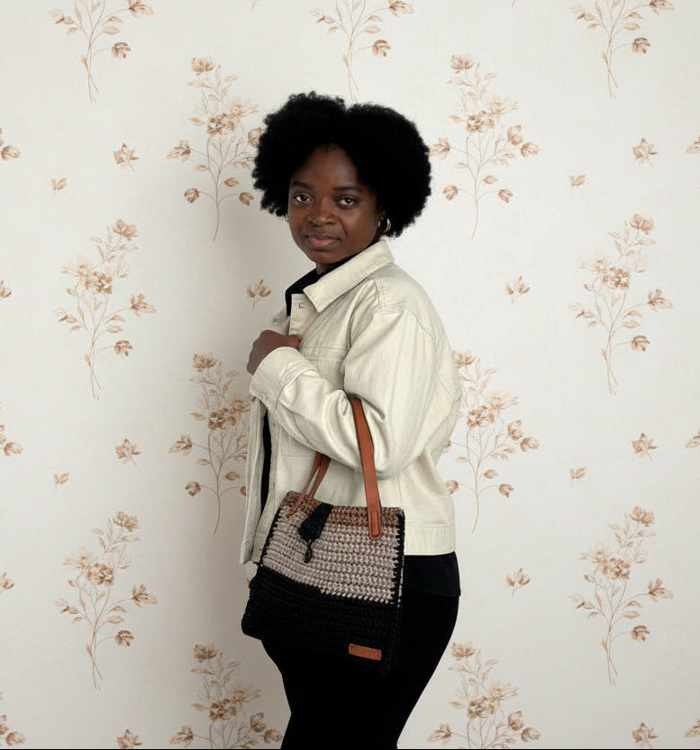 grey gold black crochet handbag