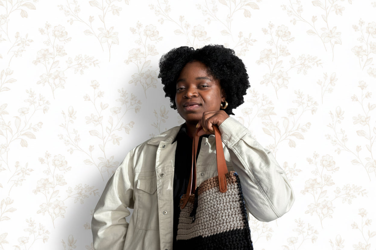 grey gold black crochet handbag