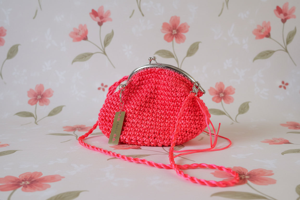 pink and rainbow crochet crossbody bag