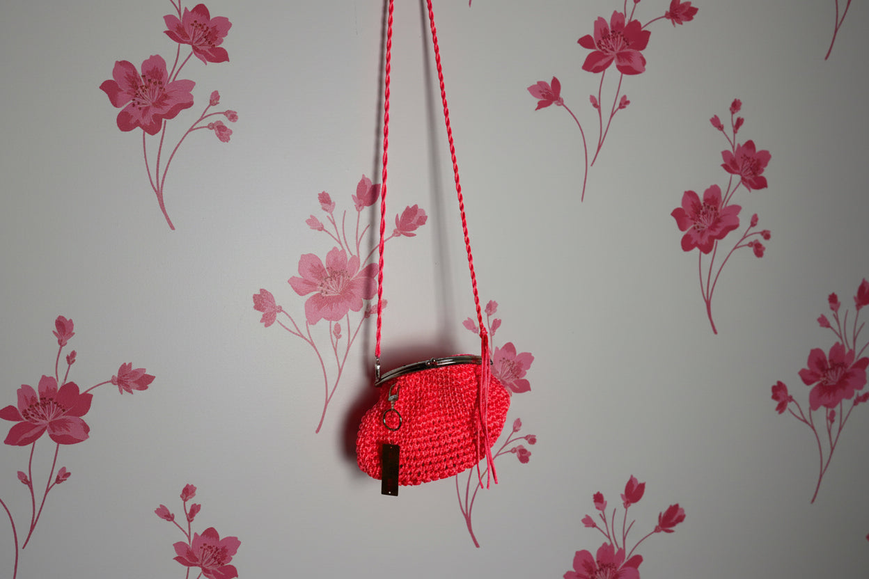 pink and rainbow crochet crossbody bag