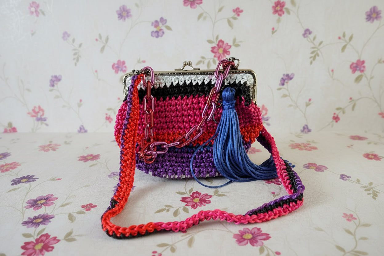 pink and rainbow crochet crossbody bag