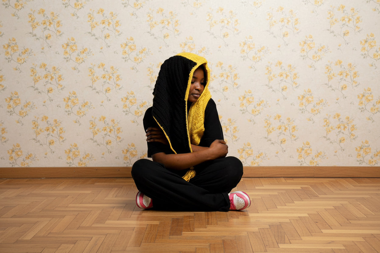 yellow and black crochet scarf