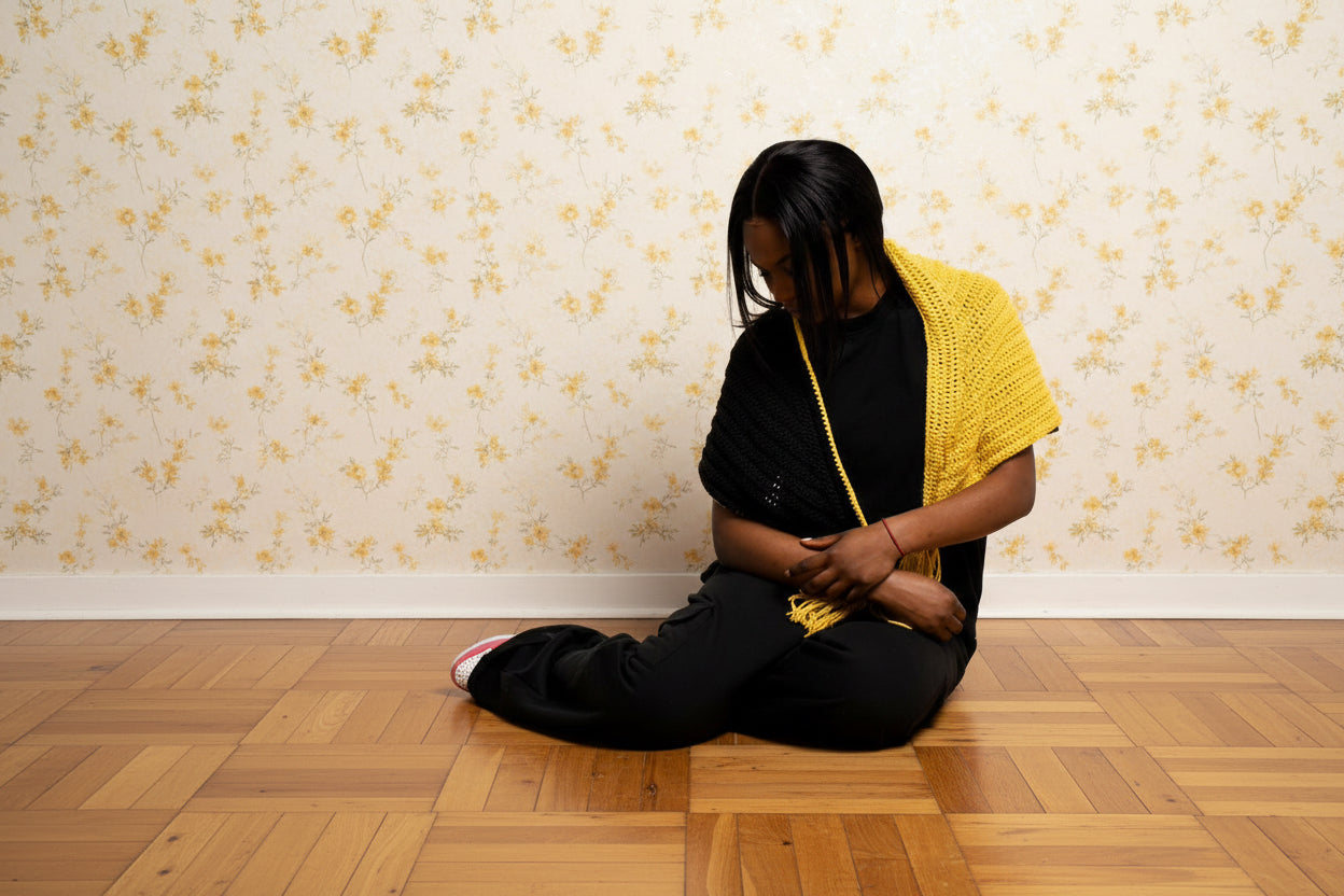 yellow and black crochet scarf