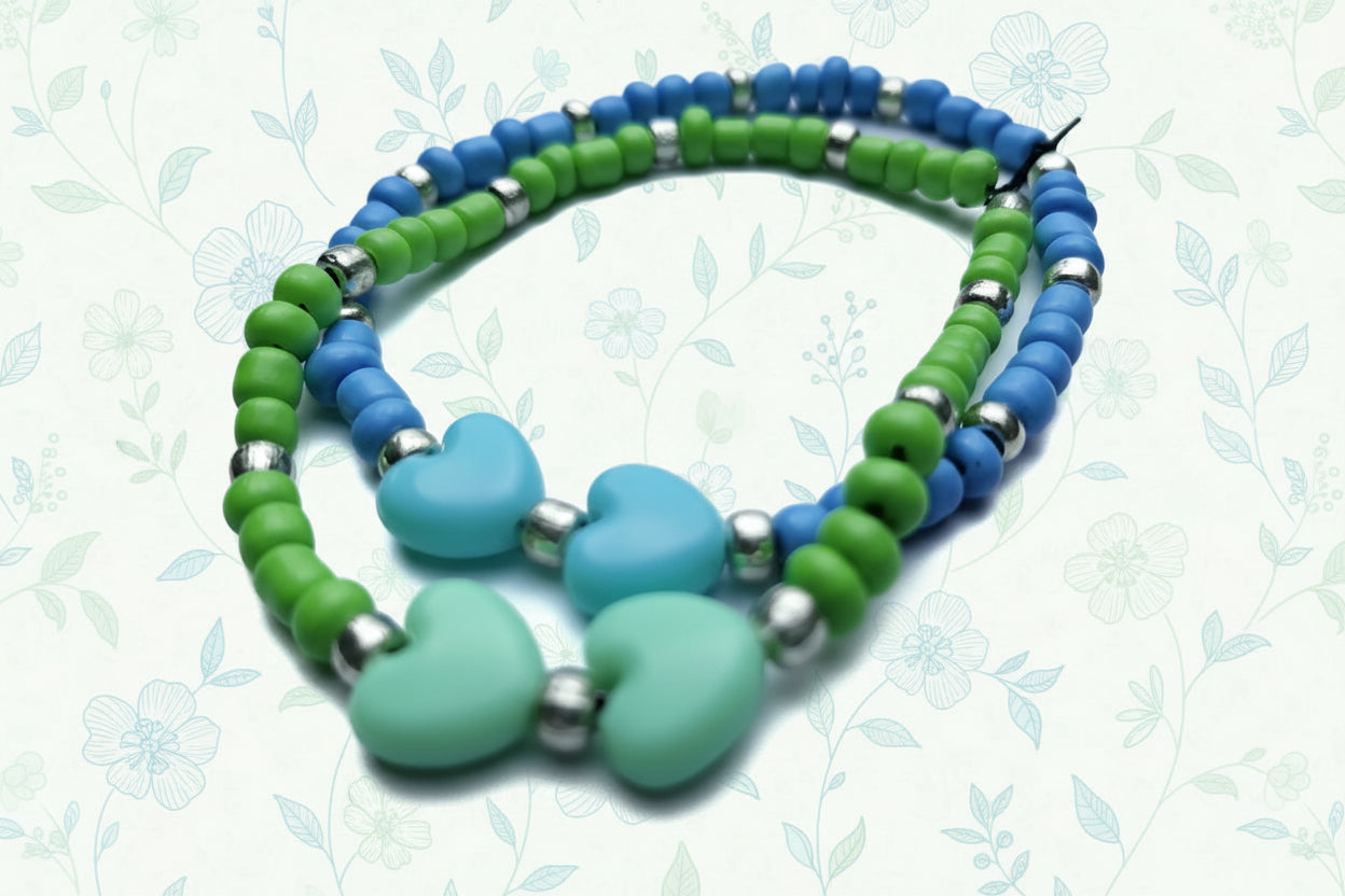 blue and green heart bracelets