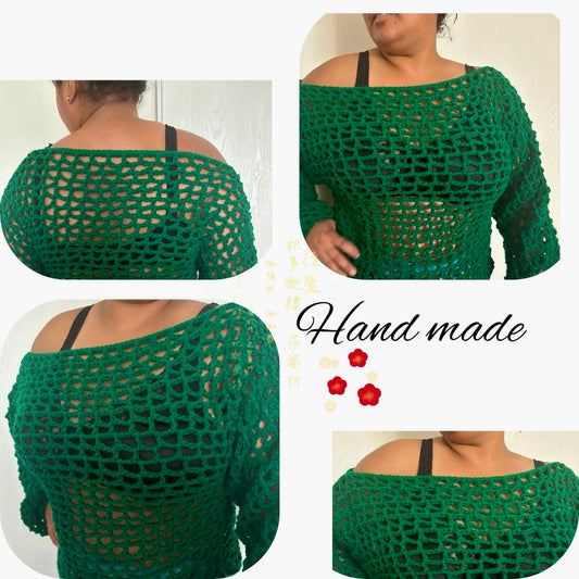 green open-stitch top