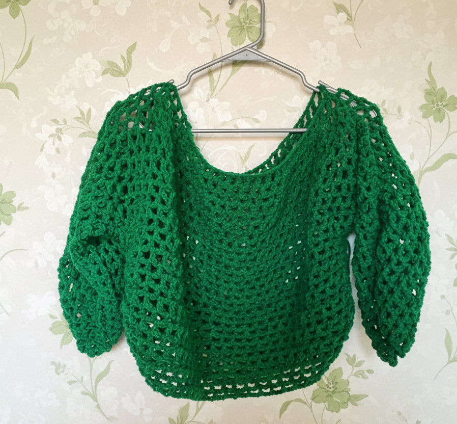 green open-stitch top